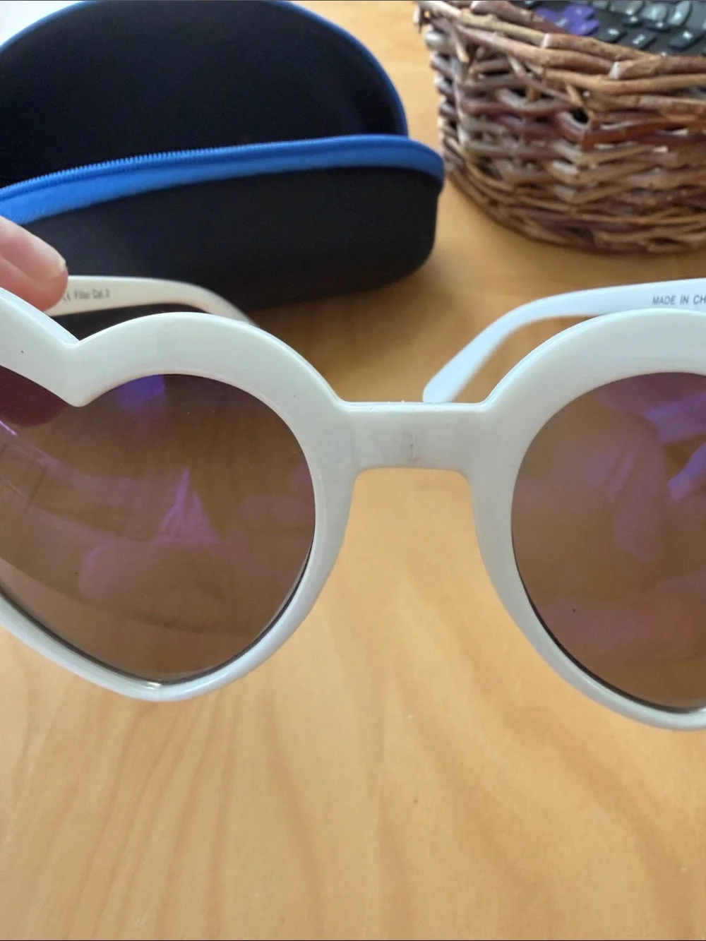 White Heart-Shaped Sunglasses with Purple Lenses
